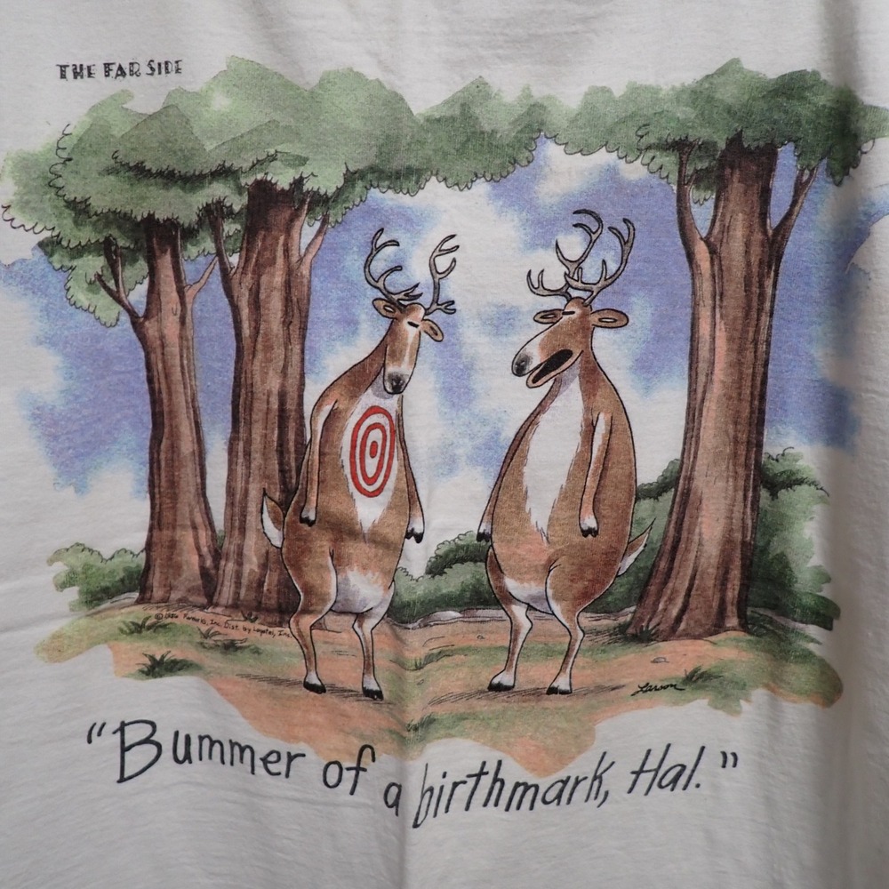 Vintage 1986 The Far Side Gary Larson Bummer of a Birthmark T-Shirt XL White USA